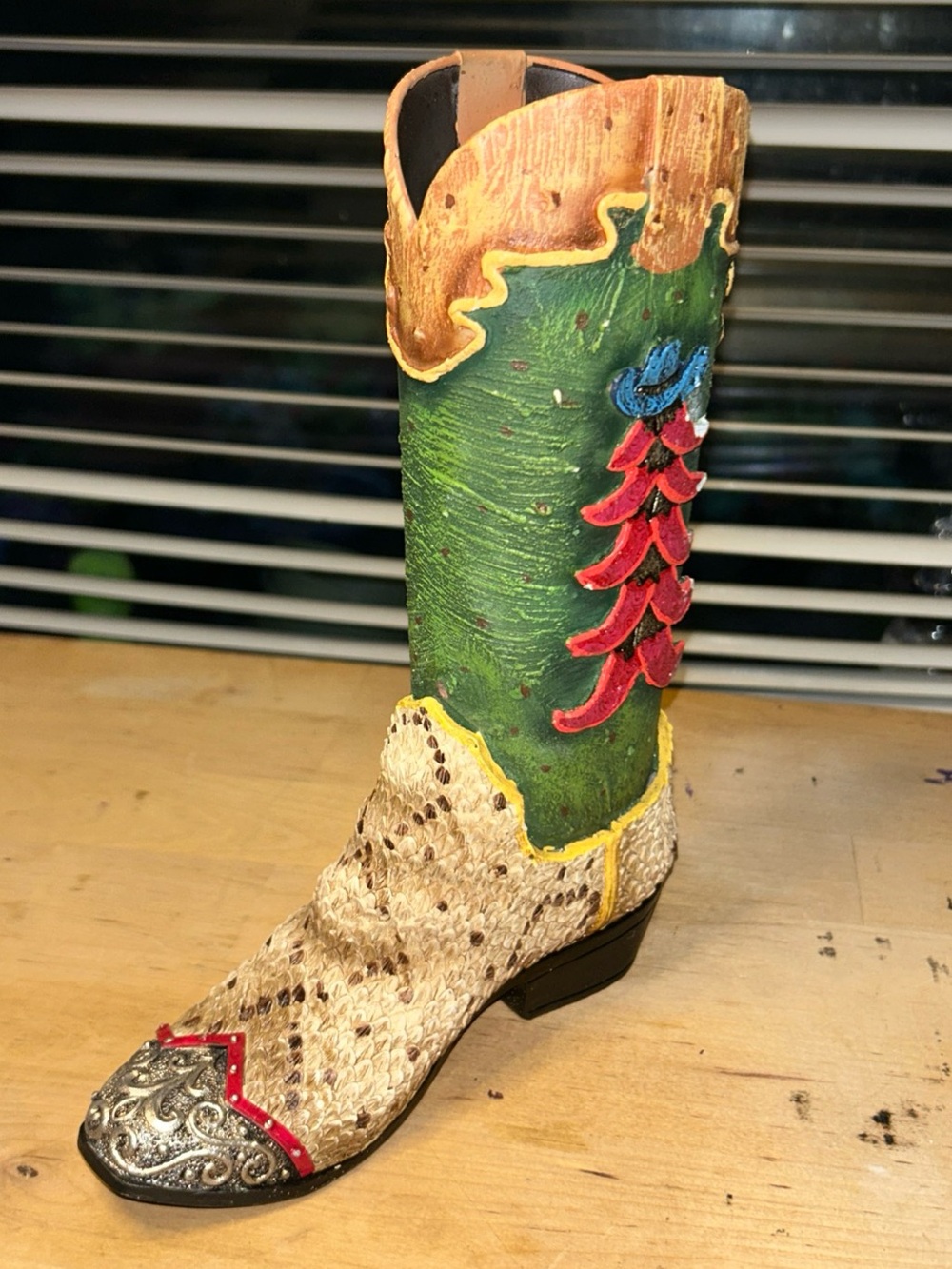 Resin Cowboy Boot Vase Planter Decor 8.5” Christmas Tree Snake Skin Texture